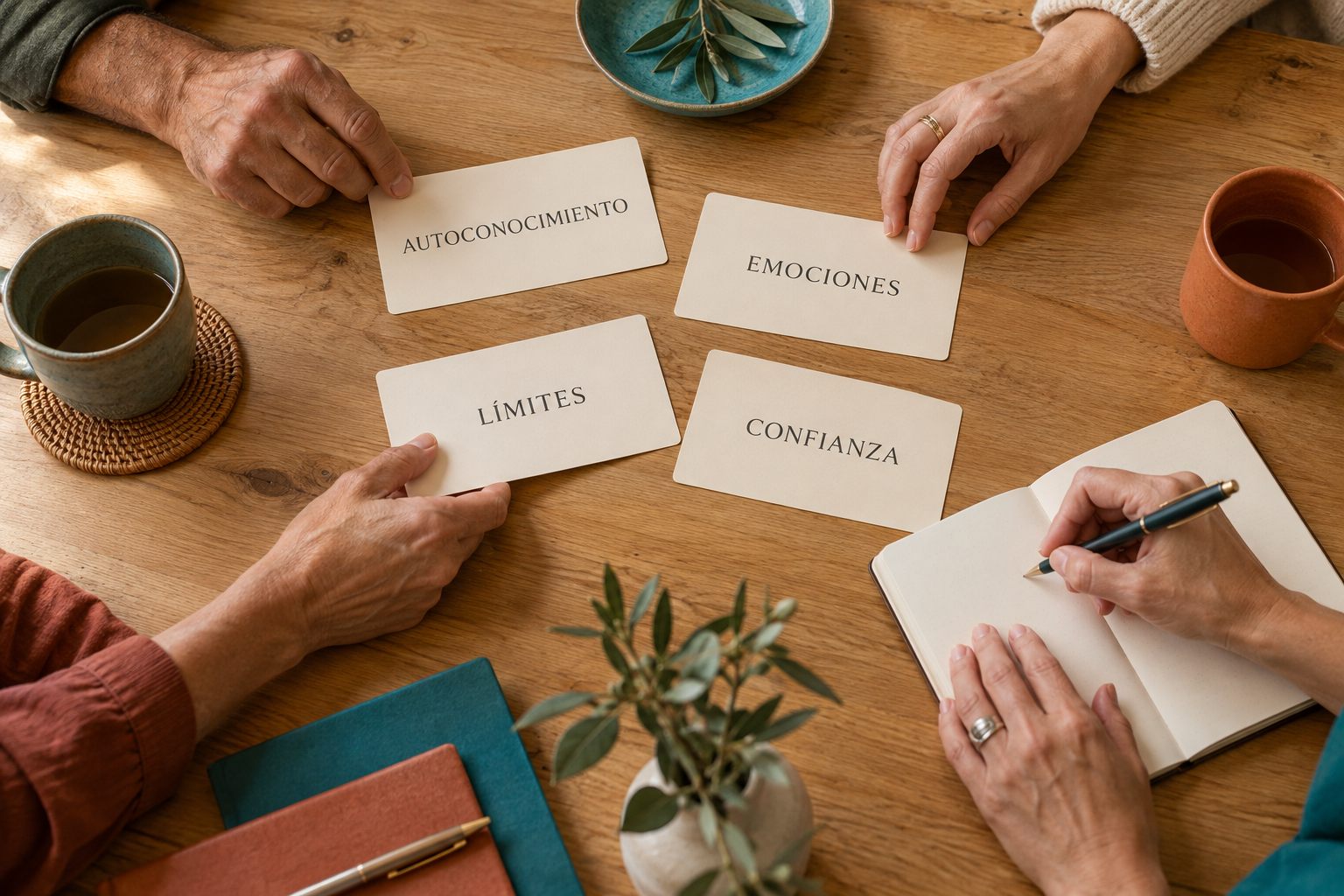 Manos de personas adultas trabajando con tarjetas de autoconocimiento, emociones, límites y confianza